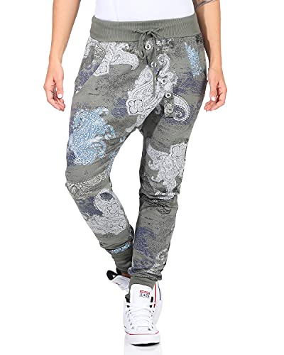 Damen Sweathose Boyfriendhose Jogginghose mit Knopfleiste Freizeithose Baggy Sweatpants (Armee, 36-42) von ZARMEXX