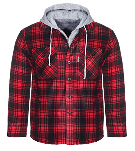 ZARMEXX Herren Thermohemd Jacke mit Plüschfell Fleece Innenfutter Karo Holzfällerjacke Arbeitsjacke Flanelljacke mit Kapuze warm gefüttert (rot, XXL) von ZARMEXX