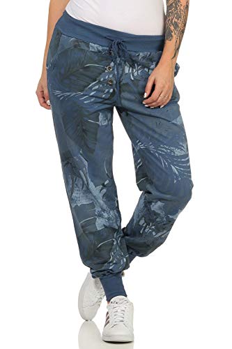 Zarmexx Damen Sweatpants Sweathose Baumwollhose Jogger Jogginghose Freizeithose Relax Fit Damenhose Jungle-Print (Jeansblau) von ZARMEXX