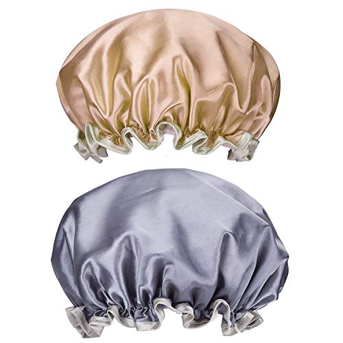 Duschhaube,2er Pack Damen Bad Kappe Doppelschicht Bad-Hut Wiederverwendbar Wasserdichte Elastische Badehüte Groß Duschhauben für Frau Dusche Spa Salon Rosa + Gold von ZARRS