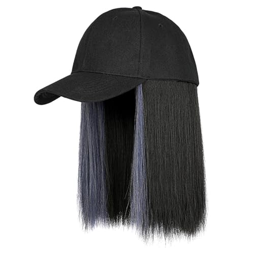 ZASCHMOY Mütze mit Haaren, Baseballkappe mit Haarverlängerungen, Kurze Glatte Haar Perücke mit Kappe, Kunstfaser Hut Perücken für Frauen (Schwarz mit Blau) von ZASCHMOY