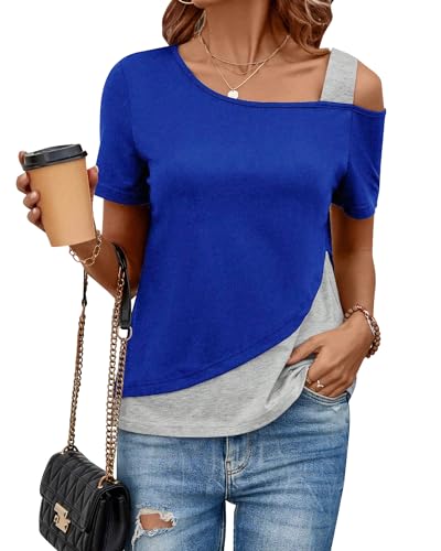 ZASFOU Damen Sommer Kurzarm Tops Off Shoulder T Shirt Locker Shirts Lässig Tunika Bluse Oberteile Geschenk für Frauen von ZASFOU