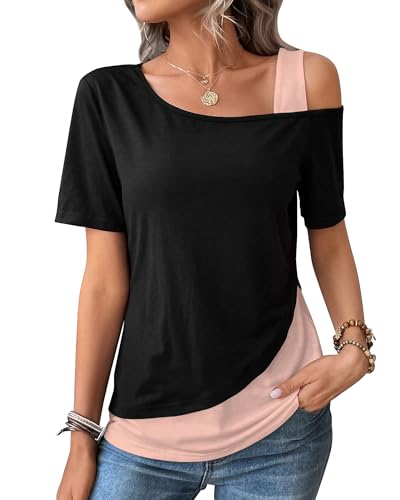 ZASFOU Damen Sommer Kurzarm Tops Off Shoulder T Shirt Locker Shirts Lässig Tunika Bluse Oberteile Geschenk für Frauen von ZASFOU