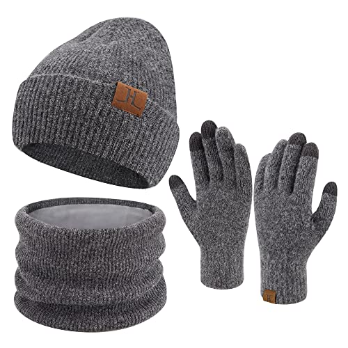 ZASFOU Damen Winter Beanie Mütze Schal Touchscreen Handschuhe Set Warme Wintermütze Loop Schal Schlauchschal Winterhandschuhe Weihnachten Geschenk für Frauen,Dunkelgrau von ZASFOU