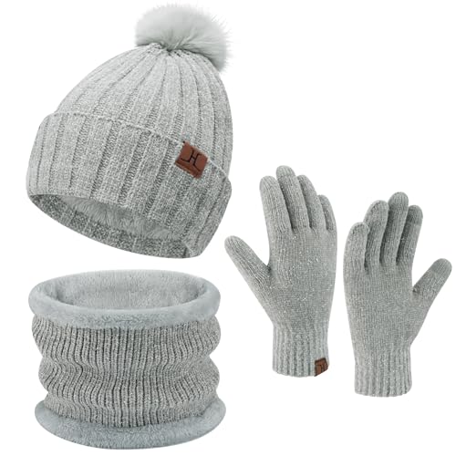 ZASFOU Damen Winter Beanie Mützen Schal Touchscreen Handschuhe Set Chenille Strick Wintermütze Winterhandschuhe Loop Schal,Grau von ZASFOU