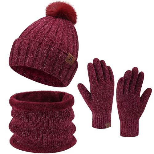 ZASFOU Damen Winter Beanie Mützen Schal Touchscreen Handschuhe Set Chenille Strick Wintermütze Winterhandschuhe Loop Schal,Weinrot von ZASFOU