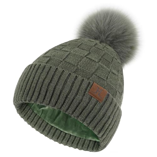 ZASFOU Damen Winter Mütze Beanie mit Fleecefutter Warme Plaid Pompom Wintermütze Thermo Strickmütze Mützen für Frauen Geschenk von ZASFOU
