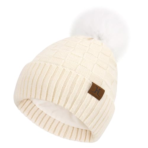 ZASFOU Damen Winter Mütze Beanie mit Fleecefutter Warme Plaid Pompom Wintermütze Thermo Strickmütze Mützen für Frauen Geschenk von ZASFOU