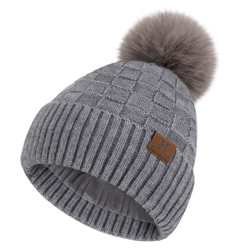ZASFOU Damen Winter Mütze Beanie mit Fleecefutter Warme Plaid Pompom Wintermütze Thermo Strickmütze Mützen für Frauen Geschenk von ZASFOU