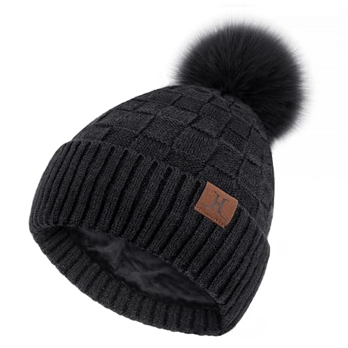 ZASFOU Damen Winter Mütze Beanie mit Fleecefutter Warme Plaid Pompom Wintermütze Thermo Strickmütze Mützen für Frauen Geschenk von ZASFOU