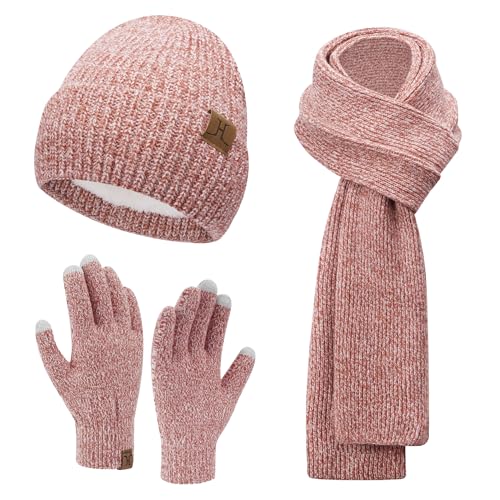 ZASFOU Damen Winter Mütze Schal Touchscreen Handschuhe Set Thermo Beanie Wintermütze Strickmütze Schlauchschal Winterhandschuhe Geschenk für Frauen von ZASFOU