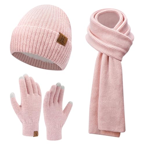 ZASFOU Damen Winter Mütze Schal Touchscreen Handschuhe Set Thermo Beanie Wintermütze Strickmütze Schlauchschal Winterhandschuhe Geschenk für Frauen von ZASFOU