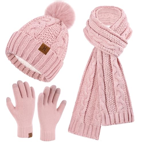 ZASFOU Damen Winter Mütze Schal Touchscreen Handschuhe Set Thermo Chenille Strickmütze Beanie Wintermütze Schals Winterschal Winterhandschuhe Geschenk für Frauen von ZASFOU