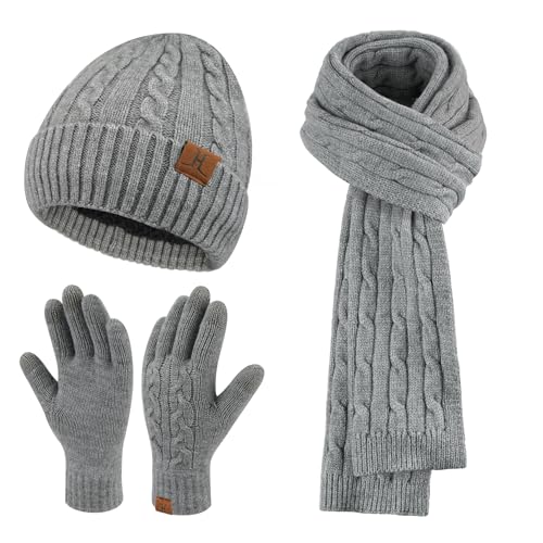 ZASFOU Damen Winter Mütze Schal Touchscreen Handschuhe Set Thermo Strickmütze Beanie Wintermütze Schals Winterschal Winterhandschuhe Geschenk für Frauen von ZASFOU