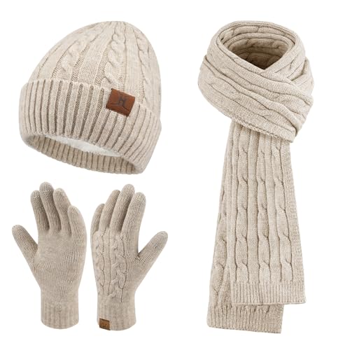 ZASFOU Damen Winter Mütze Schal Touchscreen Handschuhe Set Thermo Strickmütze Beanie Wintermütze Schals Winterschal Winterhandschuhe Geschenk für Frauen von ZASFOU