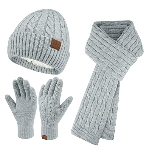 ZASFOU Damen Winter Mütze Schal Touchscreen Handschuhe Set Thermo Strickmütze Beanie Wintermütze Schals Winterschal Winterhandschuhe Geschenk für Frauen von ZASFOU