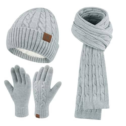 ZASFOU Damen Winter Mütze Schal Touchscreen Handschuhe Set Thermo Strickmütze Beanie Wintermütze Schals Winterschal Winterhandschuhe Geschenk für Frauen von ZASFOU