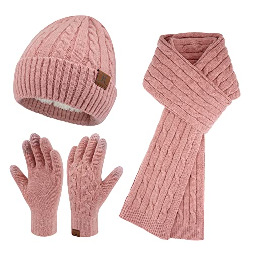 ZASFOU Damen Winter Mütze Schal Touchscreen Handschuhe Set Thermo Strickmütze Beanie Wintermütze Schals Winterschal Winterhandschuhe Geschenk für Frauen von ZASFOU