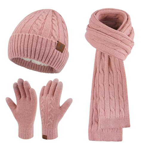 ZASFOU Damen Winter Mütze Schal Touchscreen Handschuhe Set Thermo Strickmütze Beanie Wintermütze Schals Winterschal Winterhandschuhe Geschenk für Frauen von ZASFOU