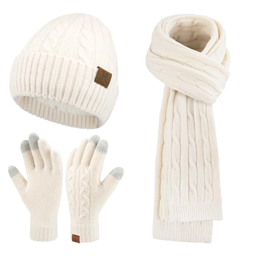 ZASFOU Damen Winter Mütze Schal Touchscreen Handschuhe Set Thermo Strickmütze Beanie Wintermütze Schals Winterschal Winterhandschuhe Geschenk für Frauen von ZASFOU