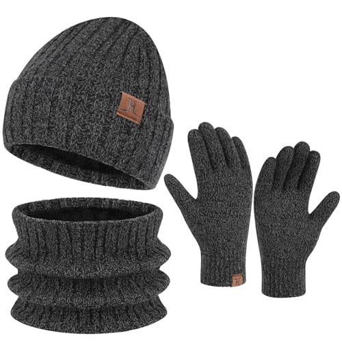 ZASFOU Herren Winter Beanie Mütze Schal Touchscreen Handschuhe Set Warme Wintermütze Strickmütze Loop Schal Schlauchschal Winterhandschuhe Weihnachten Geschenk für Männer von ZASFOU