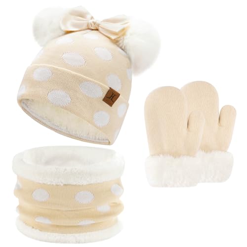 ZASFOU Kinder Baby Mütze Loop Schal Handschuhe Set 0-4 Jahre Thermo Wintermütze Schlauchschal Fäustlinge Kleinkinder Mädchen Baumwolle Strick Pom Mützen Geschenk von ZASFOU