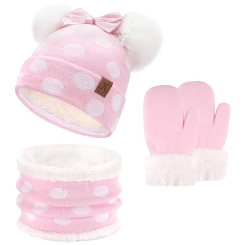 ZASFOU Kinder Baby Mütze Loop Schal Handschuhe Set 0-4 Jahre Thermo Wintermütze Schlauchschal Fäustlinge Kleinkinder Mädchen Baumwolle Strick Pom Mützen Geschenk von ZASFOU