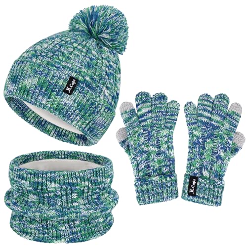 ZASFOU Kinder Mütze Loop Schal Touchscreen Handschuhe Set 3-6-12 Jahre Thermo Wintermütze Schlauchschal Fäustlinge Kleinkinder Strick Pom Mützen Geschenk für Mädchen Jungen von ZASFOU