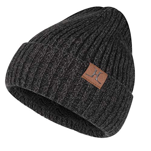 ZASFOU Winter Strickmütze für Herren Damen mit Fleece gefüttert, Warme Weiche Slouchy Mütze Herren, Unisex Totenkopfmütze mit gerollter Manschette bei kaltem Wetter, Dunkelgrau, one Size von ZASFOU