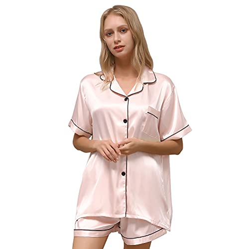 ZATOGOO Satin Damen Schlafanzug Kurzarm Nachtwäsche mit Knopfleiste Zweiteiliger Kurzarm Nachtwäsche Hausanzug Weich Sleepwear Kurz Pyjama Set für Frauen, S-2XL, Champagner von ZATOGOO