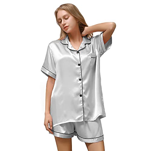 ZATOGOO Satin Damen Schlafanzug Kurzarm Nachtwäsche mit Knopfleiste Zweiteiliger Kurzarm Nachtwäsche Hausanzug Weich Sleepwear Kurz Pyjama Set für Frauen, S-2XL, Grau von ZATOGOO