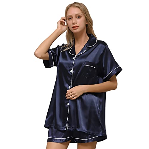 ZATOGOO Satin Damen Schlafanzug Kurzarm Nachtwäsche mit Knopfleiste Zweiteiliger Kurzarm Nachtwäsche Hausanzug Weich Sleepwear Kurz Pyjama Set für Frauen, S-2XL, Marineblau von ZATOGOO