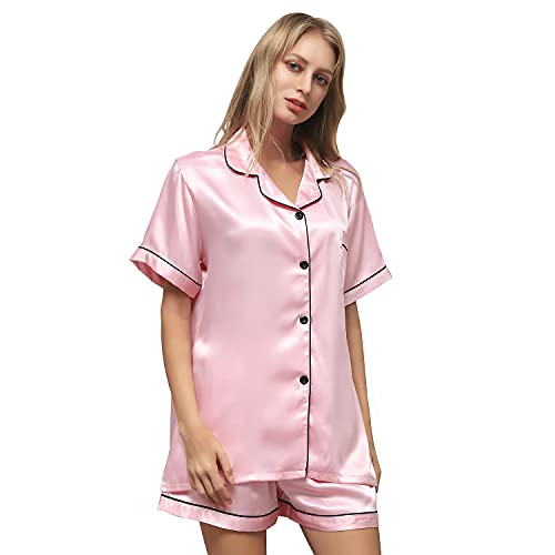 ZATOGOO Satin Damen Schlafanzug Kurzarm Nachtwäsche mit Knopfleiste Zweiteiliger Kurzarm Nachtwäsche Hausanzug Weich Sleepwear Kurz Pyjama Set für Frauen, S-2XL, Rosa von ZATOGOO