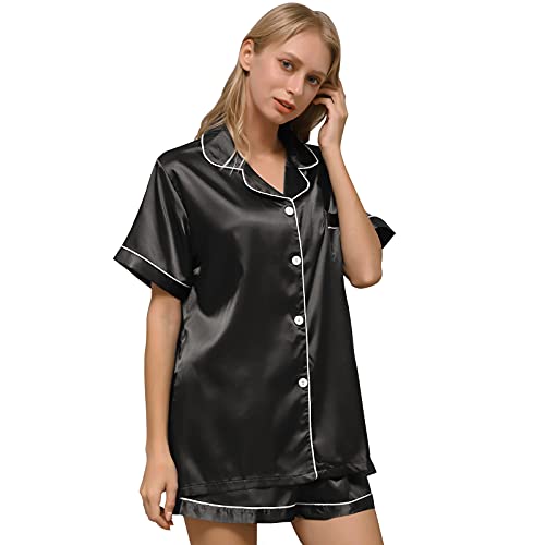 ZATOGOO Satin Damen Schlafanzug Kurzarm Nachtwäsche mit Knopfleiste Zweiteiliger Kurzarm Nachtwäsche Hausanzug Weich Sleepwear Kurz Pyjama Set für Frauen, S-2XL, Schwarz von ZATOGOO