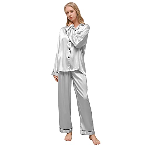 ZATOGOO Satin Damen Schlafanzug Langarm Nachtwäsche mit Knopfleiste Zweiteiliger Langarm Nachtwäsche Hausanzug Weich Sleepwear Lang Pyjama Set für Frauen, S-XL, Grau von ZATOGOO