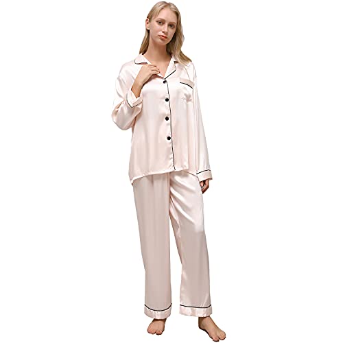 ZATOGOO Satin Damen Schlafanzug Langarm Nachtwäsche mit Knopfleiste Zweiteiliger Langarm Nachtwäsche Hausanzug Weich Sleepwear Lang Pyjama Set für Frauen, S-XL, Champagner von ZATOGOO