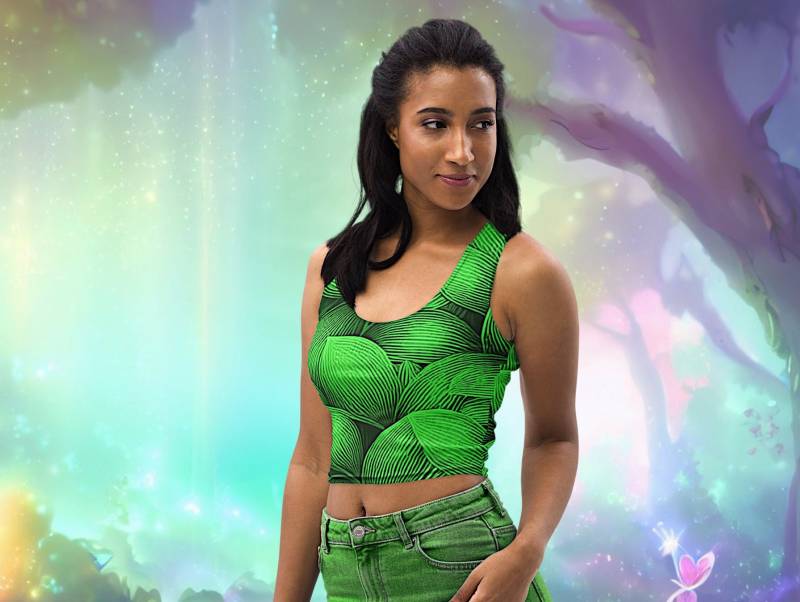 Bauchfrei Top Grün Blätter Print Fee Elfe Baum Kostüm Bauchfreies Stretch Shirt - Lustige Damen Mädchen Kleidung Halloweenkostüm von ZAUBERshirts