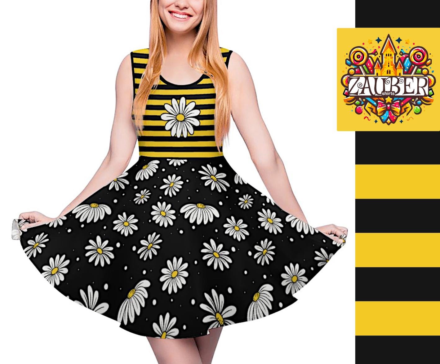 Süßes Biene Kleid Mit Gänseblümchen Und Streifenmuster Lustiges Hummel Honigbiene Kostüm Outfit Skaterkleid Gelb Schwarz Gestreift von ZAUBERshirts