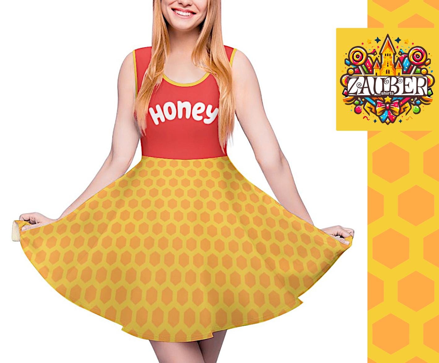 Süßes Honigwaben Kleid Mit Honig Wabenmuster Und "Honey" Schrift/Lustiges Hummel Honigbiene Kostüm Outfit Skaterkleid Gelb Rot von ZAUBERshirts
