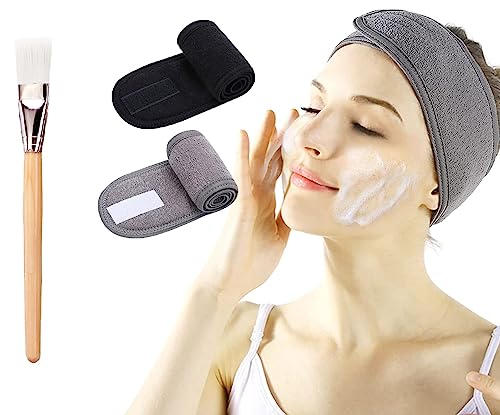 ZAUKY 2 Haarbänder für Spa zu Hause und Gesichtsreinigung mit 1 Bürste für Bleichmittel und Gesichtspackung (mehrfarbig) (Kombipack) von ZAUKY