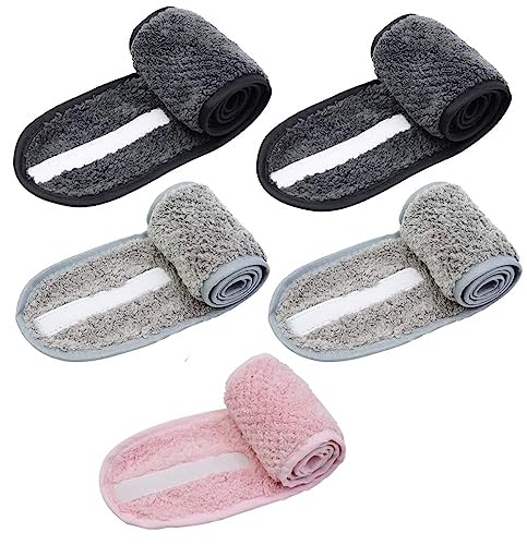 ZAUKY 5 Stück Spa-Gesichts-Stirnbänder, verstellbare Kopfwickel für Damen, Make-up, Dusche, Bad, Gesichtsbandagen, Sport-Stirnband, Frottee, verstellbares Stretch-Handtuch mit Magic Tape, mehrfarbig von ZAUKY