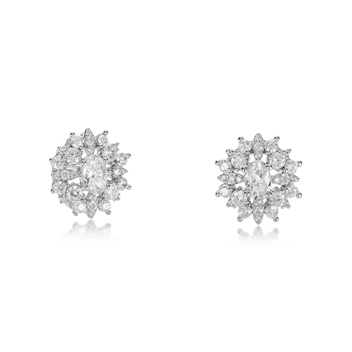 ZAVANA Große Zirkonia-Ohrringe für Damen - Funkelnde Ohrstecker mit Zirkonia-Steinen, Silber, ovale Statement-Ohrringe mit Blumenmotiv von ZAVANA