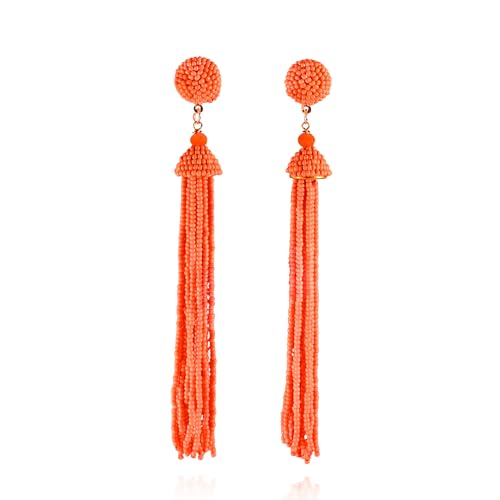 Zavana Lange Quasten-Ohrringe für Damen, lange leuchtend orangefarbene Ohrringe für Frauen mit orangefarbenen Perlen, handgefertigte Boho Chic Ohrhänger, Long Tassel Ohrringe für Frauen von ZAVANA