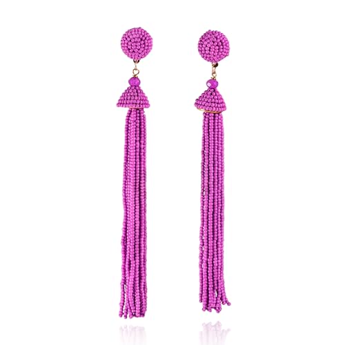 Zavana Lange Quasten-Ohrringe für Damen, lange lila Ohrringe für Frauen mit lila Perlen, handgefertigte Boho Chic Ohrhänger, Long Tassel Ohrringe für Frauen, Modeschmuck für Frauen von ZAVANA