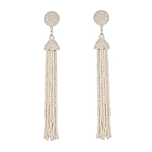 Zavana Lange Quasten-Ohrringe für Damen, lange weiße Ohrringe für Frauen mit weißen Perlen, handgefertigte Boho-Chic-Ohrhänger, Long Tassel Ohrringe für Frauen, Modeschmuck für Frauen von ZAVANA