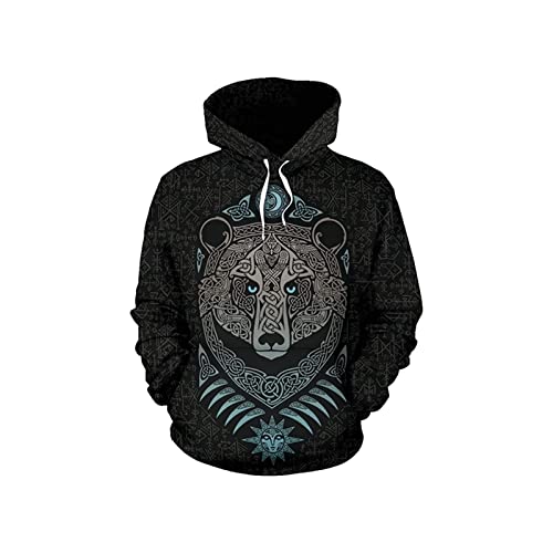 Herren Wikinger Tragen Totem 3D Drucken Lange Ärmel Hoodies Zur Seite Fahren Nordischen Mythologie Skandinavisch Rune Sweatshirt (Color : Hoodie, Size : L) von ZAVAYA