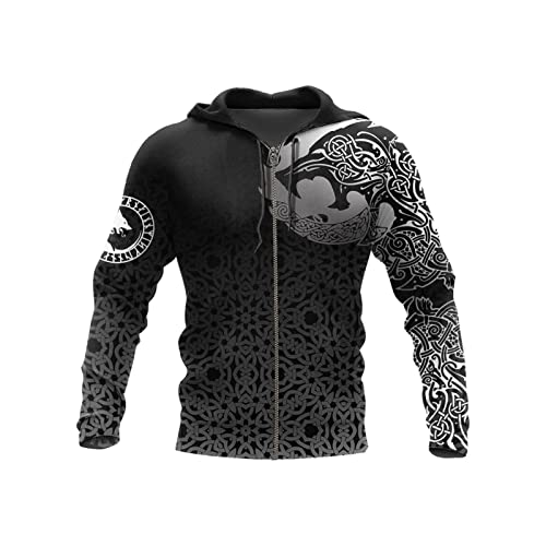 ZAVAYA Herren Wikinger Odin Fenrir Keltisch Wolf Gedruckt Mit Kapuze Sweatshirt, Nordischer Mythos Kapuzenpullover Zur Seite Fahren Harajuku Trainingsanzug (Color : Zip Hoodie 1, Size : 3XL) von ZAVAYA