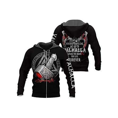 ZAVAYA Odin Thorhammer Wikinger Tätowierung Herren Sweatshirt, Walhalla Lange Ärmel Kapuzenpullover Niedergang Beiläufig Zur Seite Fahren Jacke (Color : Zip Hoodie, Size : XL) von ZAVAYA