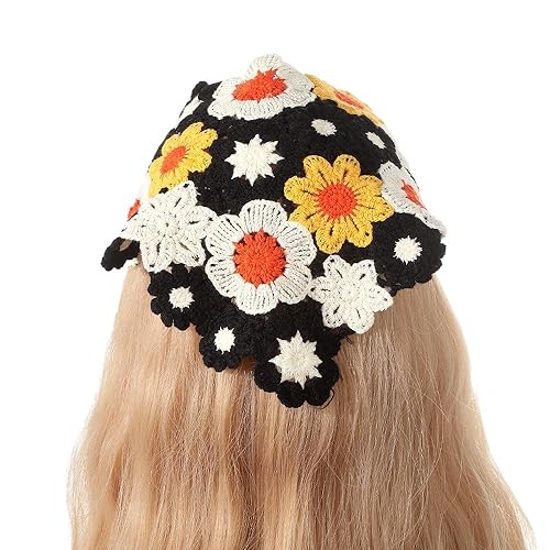 ZAZUZU Erdbeer-Sonnenblumen-Muster, handgefertigt, gehäkelt, Haarbandana, Haarschal, Dreiecks-Stirnbänder, Häkel-Haarband, Kopftuch für Frauen und Mädchen von ZAZUZU