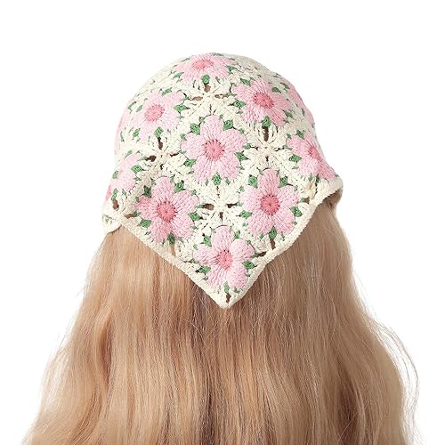 ZAZUZU Erdbeer-Sonnenblumen-Muster, handgefertigt, gehäkelt, Haarbandana, Haarschal, Dreiecks-Stirnbänder, Häkel-Haarband, Kopftuch für Frauen und Mädchen von ZAZUZU